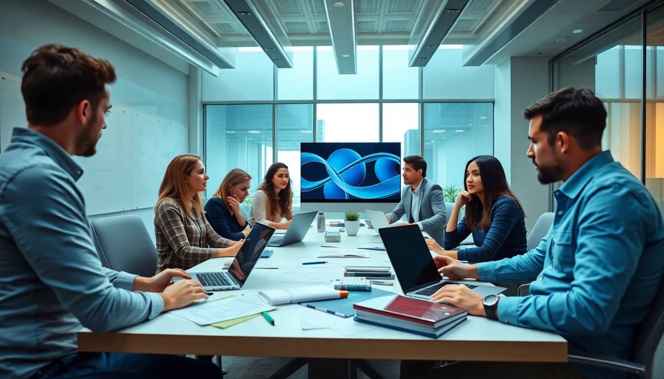 Online Marketing Team collaborating in a modern office workspace with diverse interaction.