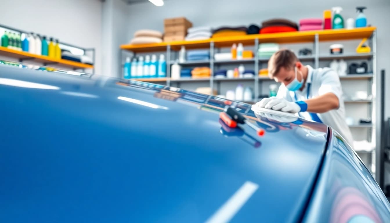 Fahrzeugaufbereitung mit professioneller Pflege in einer modernen Werkstatt.