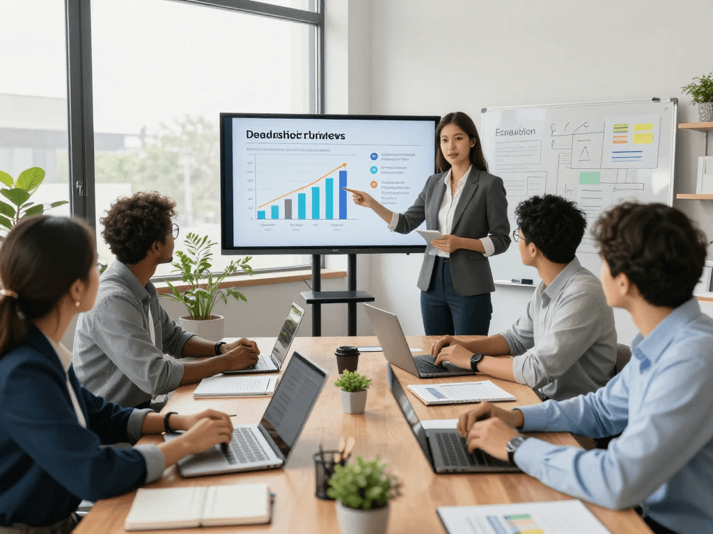 Diskussion über Führungskräfte ungerecht in einem modernen Büro mit einem engagierten Team und präsentierenden Führungskräften.