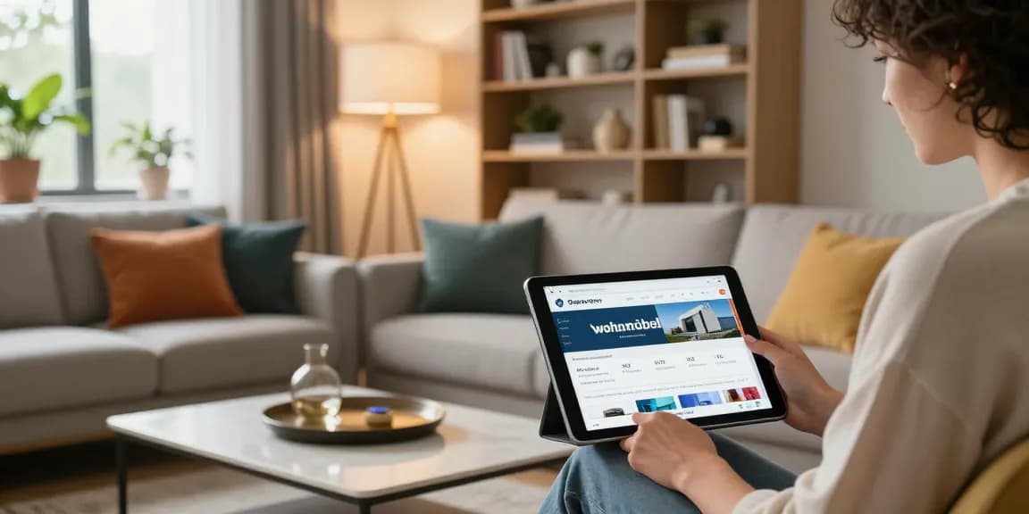 Fesselnde Szene einer Person, die wohnmöbel online kaufen in einem modernen Wohnzimmer mit stilvollen Möbeln und Dekor einkauft.