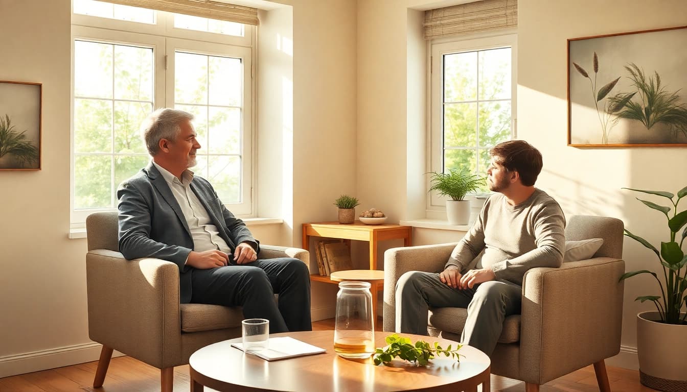 Coaching in Lebenskrisen: Ein Lebensberater unterstützt einen Klienten in einem beruhigenden Raum.