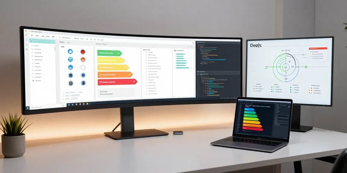 Energieobjekte in einer modernen Entwicklerumgebung mit Softwareentwicklung und digitalen Plattformen.