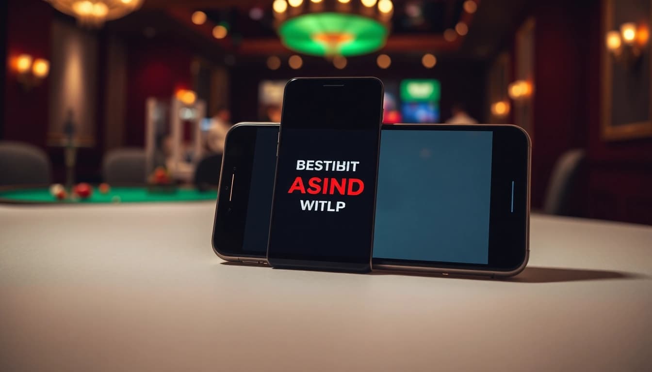 Entdecken Sie die beste Casino App in Deutschland auf einem Smartphone, das auf einem eleganten Tisch liegt, umgeben von einem glamourösen Casino-Ambiente.