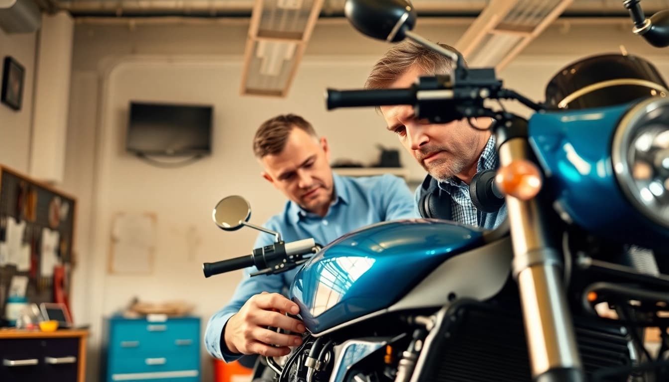 Motorrad Gutachter analysiert detailliert Motorrad in professioneller Umgebung.