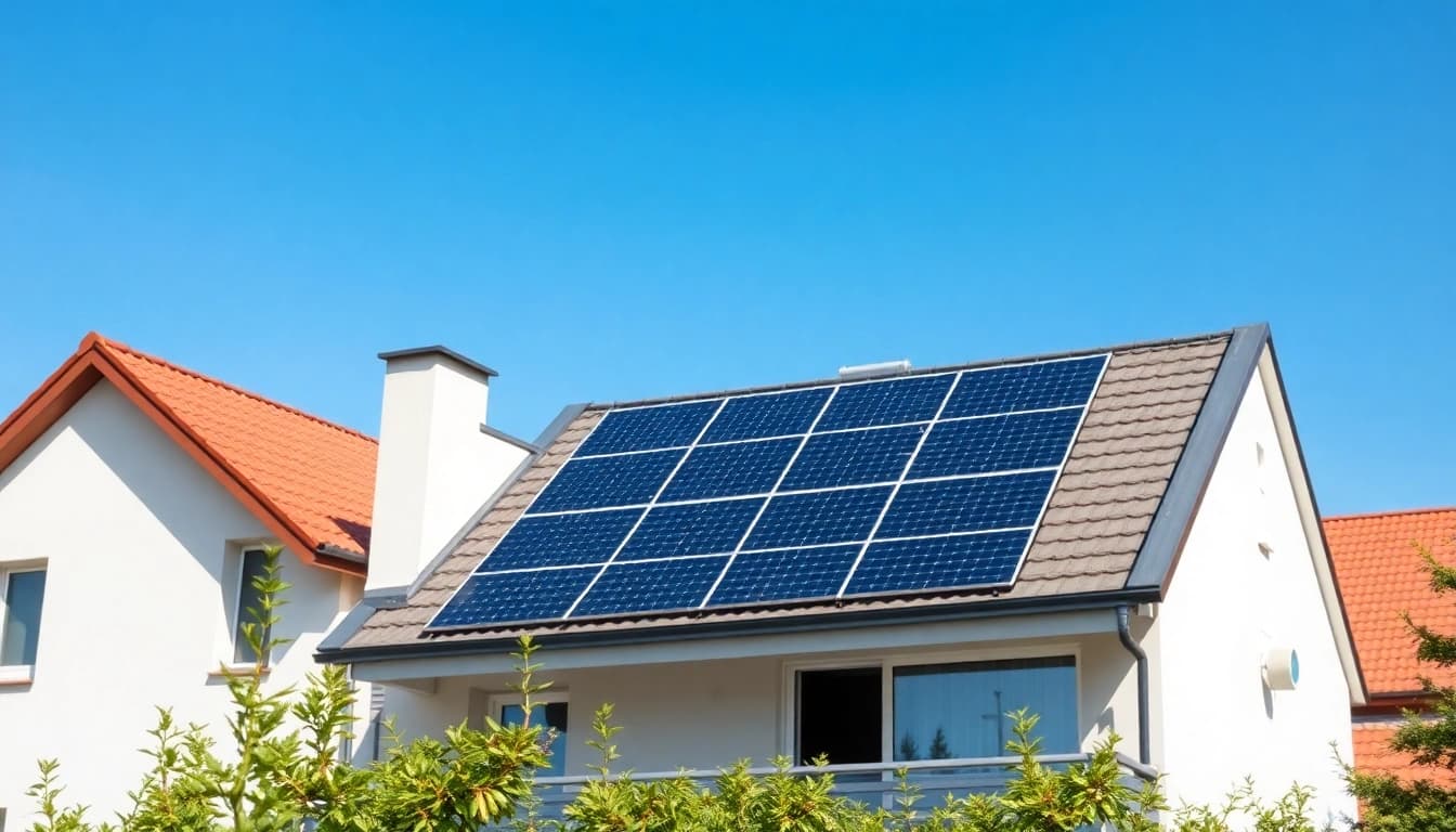 Entdecken Sie, warum es sich lohnt, eine Photovoltaikanlage kaufen 2025 für Ihr Zuhause zu investieren, mit einem modernen Dach in der Sonnenstrahlung.
