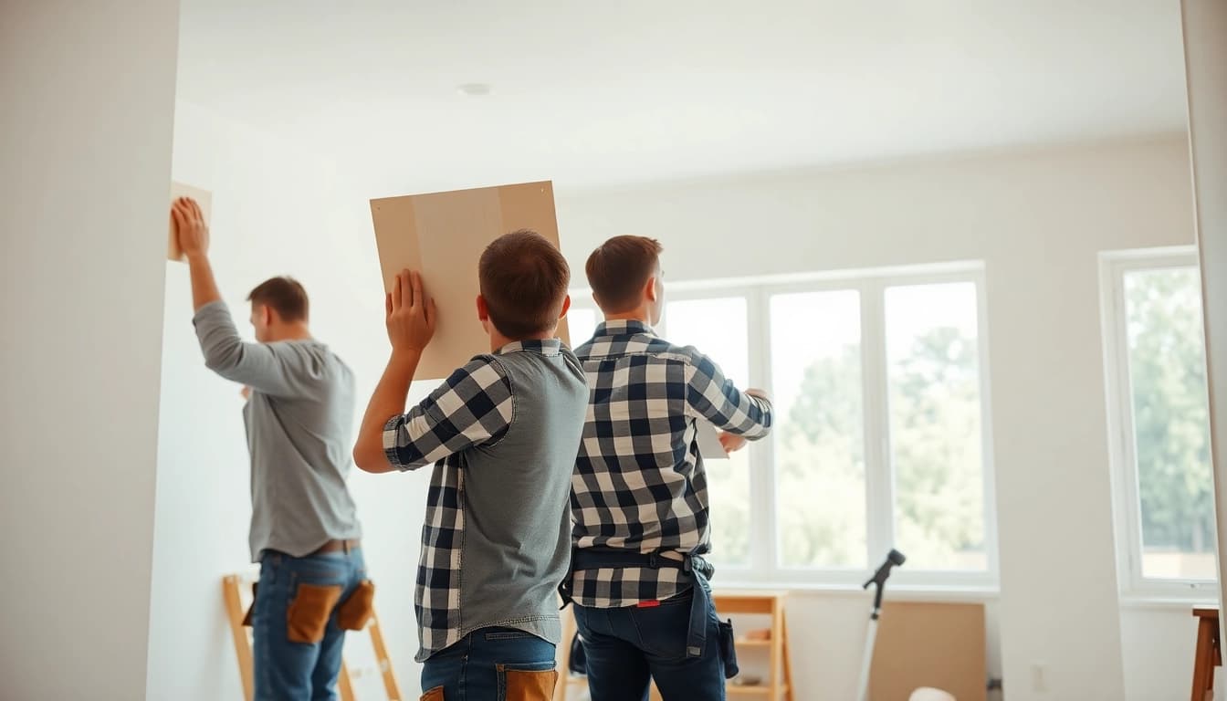 Workers expertly installing drywall in a bright, modern home interior.