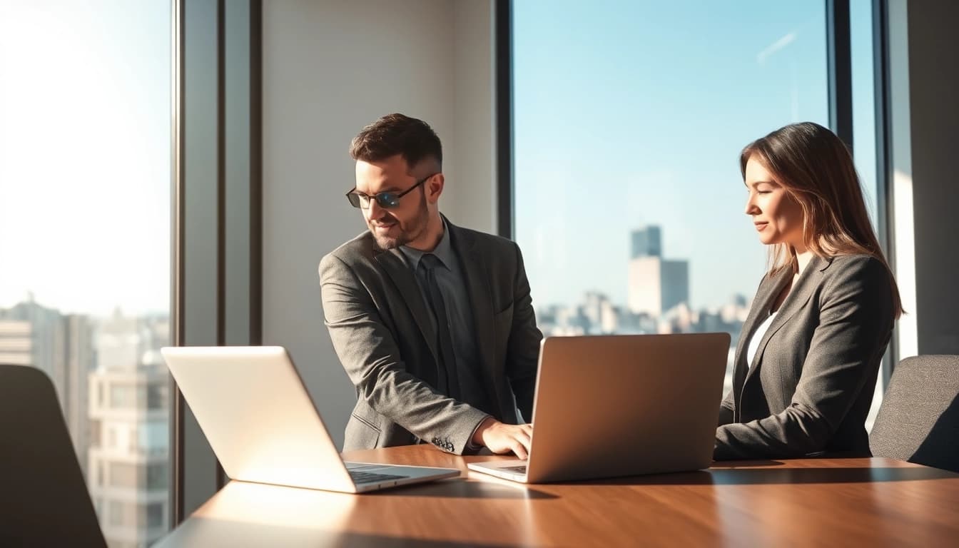 Professioneller Headhunter Hannover im modernen Büro, das mit Laptop arbeitet.
