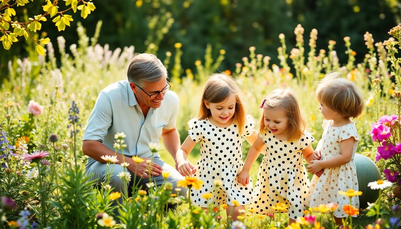 Kindererziehung: Eine Familie genießt spielend gemeinsame Zeit im Garten.