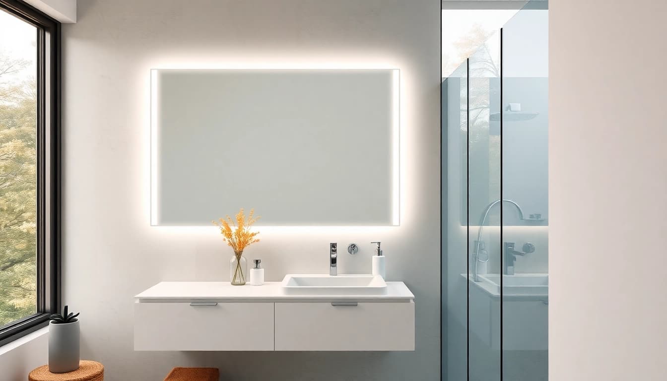Präsentieren Sie einen eleganten spiegelschrank led, der warmes Licht für eine stilvolle Badezimmeratmosphäre bietet.