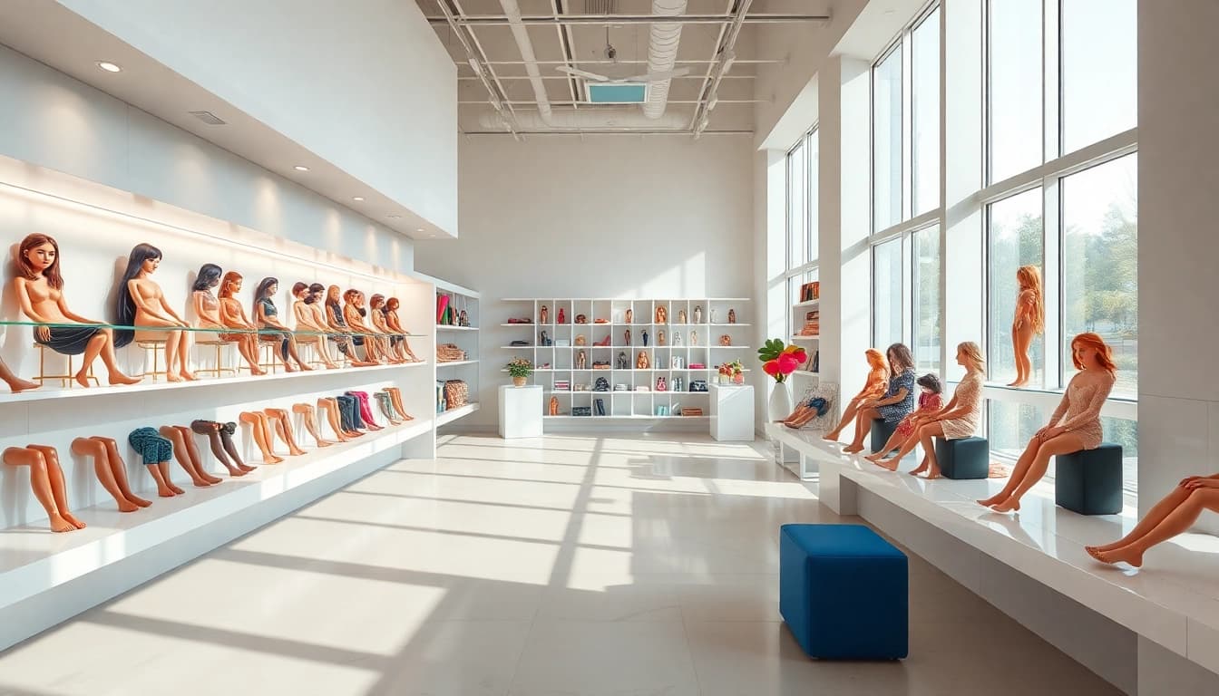 Kunden im silikon love doll store betrachten hochwertige Puppen in stilvollem Ambiente.