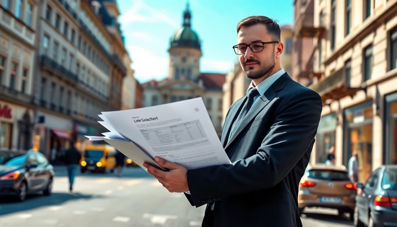 Lkw Gutachter Augsburg bewertet einen Transportauftrag auf einem belebten Stadtplatz in Augsburg.