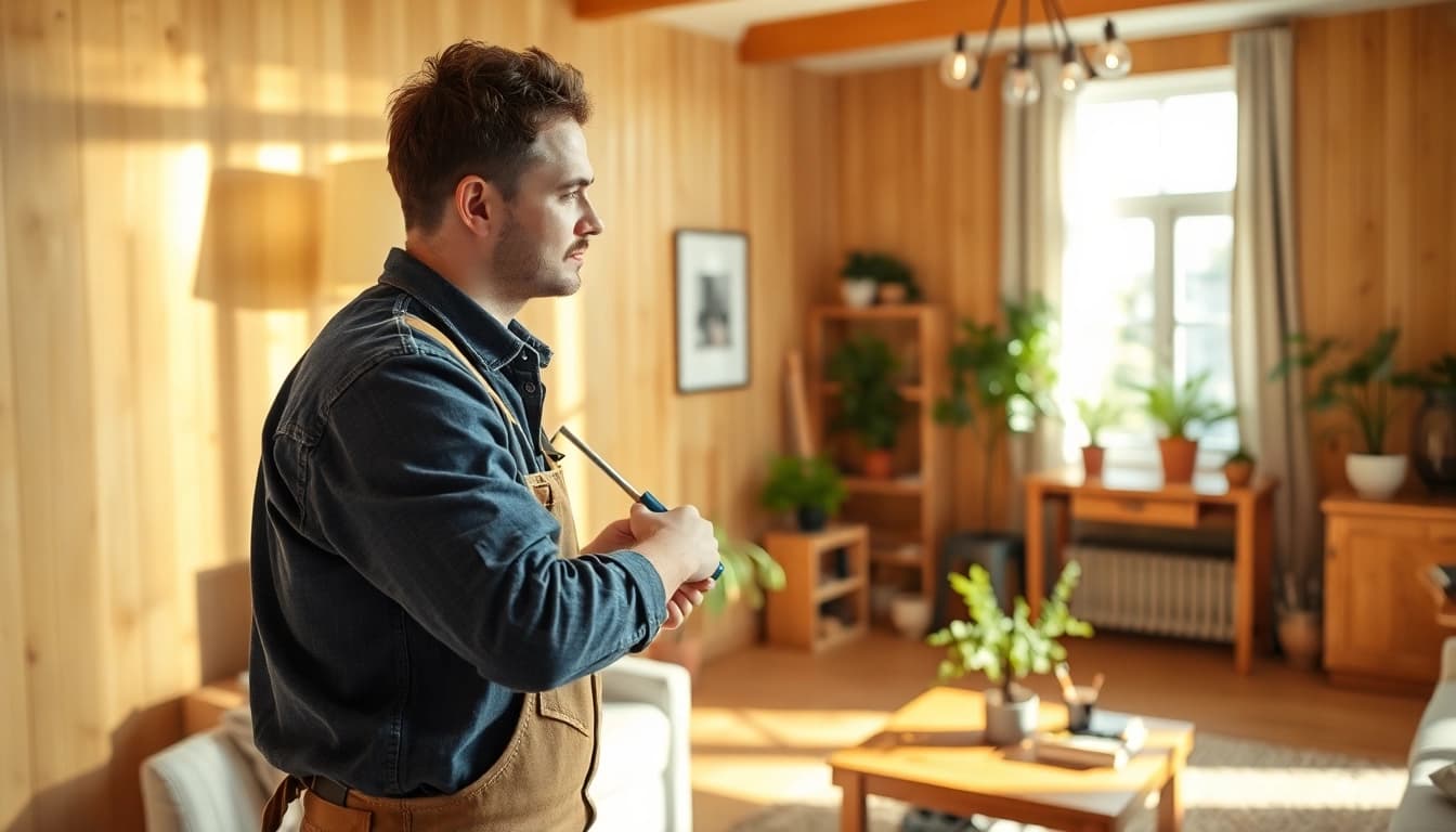 Handwerker bei der Hausrenovierung, der einen Raum mit frischen Farben renoviert und eine moderne Atmosphäre schafft.