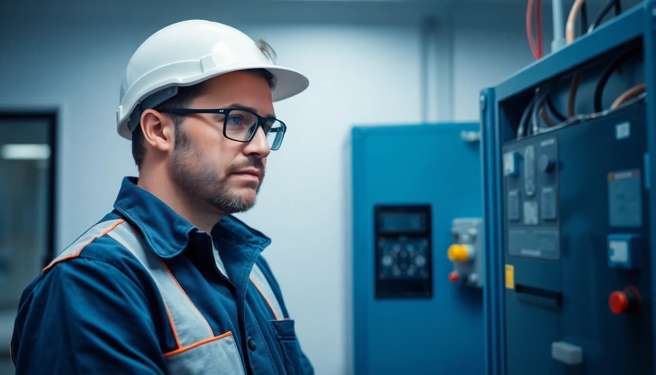 Techniker führt die DGUV V3 Prüfung an elektrischen Geräten durch, um Sicherheit zu gewährleisten.