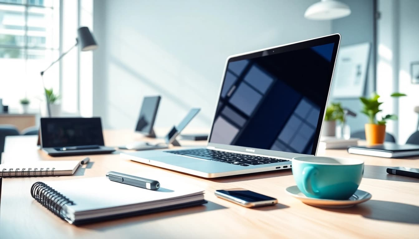 Entdecken Sie nützliche Technik Tipps in einem modernen Arbeitsumfeld mit Laptop und Gadgets.