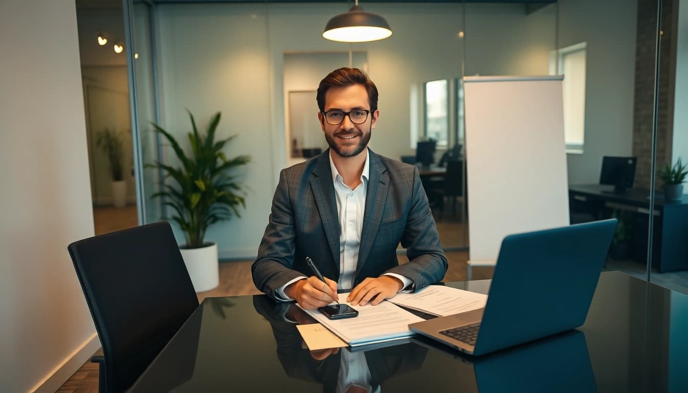 Professioneller Headhunter Karlsruhe in einem modernen Büro mit Aktenmappe und Laptop.