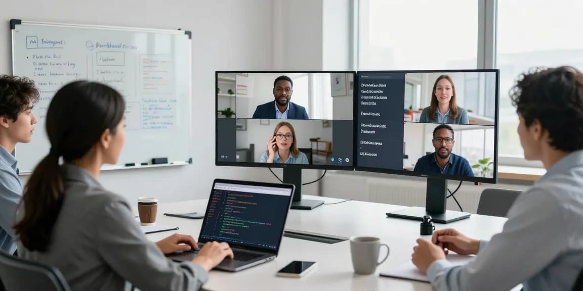 Virtuelle Besprechung mit Sprachübersetzer, Teilnehmer sprechen in verschiedenen Sprachen.