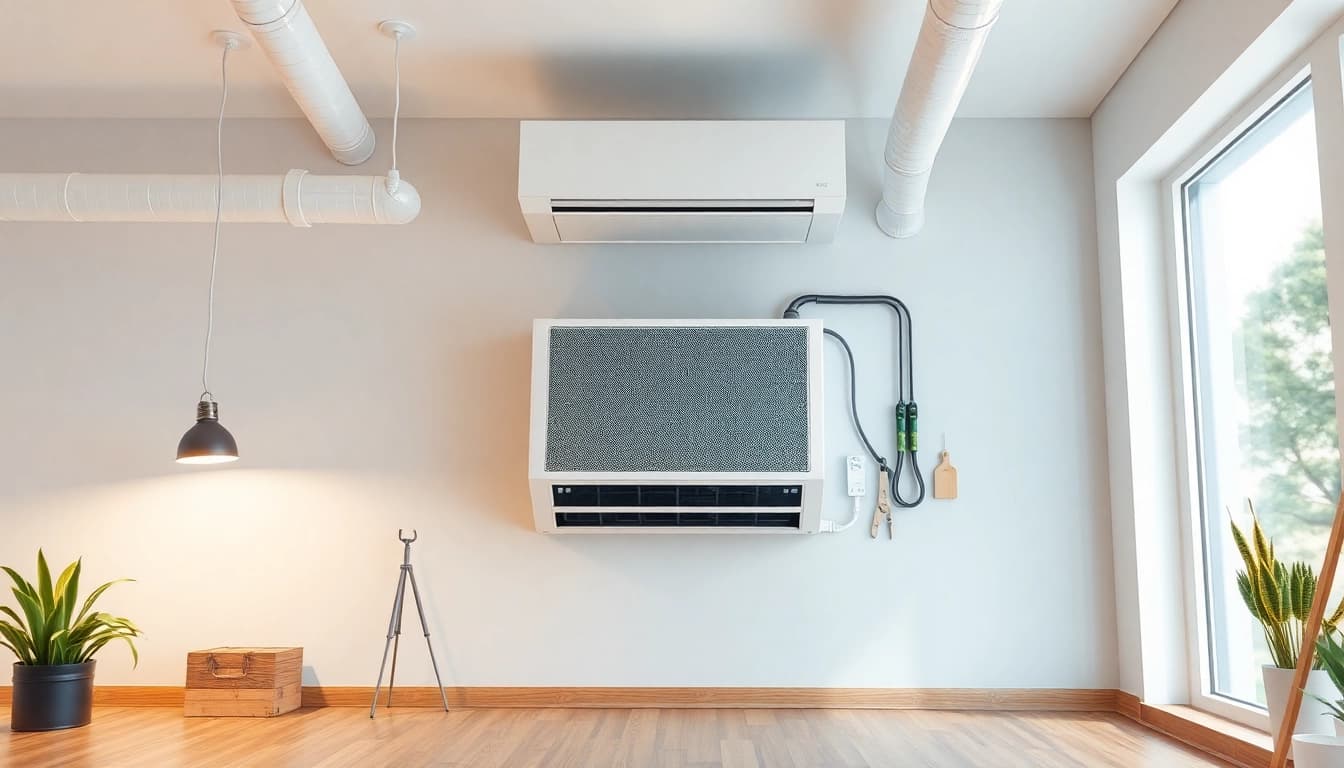 Klima installieren: Fachleute montieren eine Klimaanlage in einem hellen Raum mit professionellem Werkzeug.