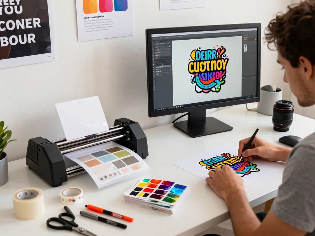 Custom sticker drucken scene showcasing design process and vibrant materials in a creative studio.