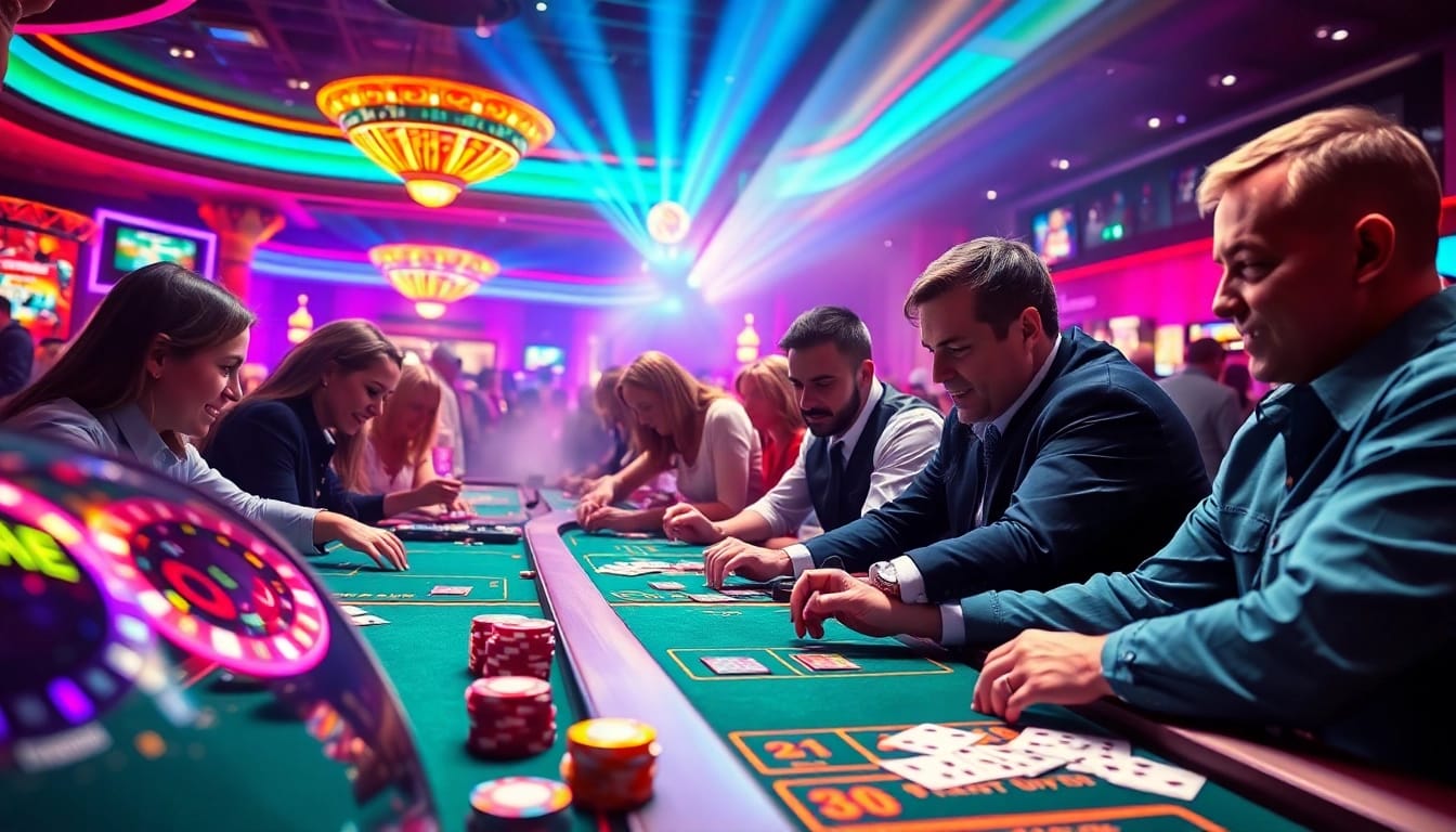 Players enjoying ohne oasis spielen amidst a lively and colorful casino environment.