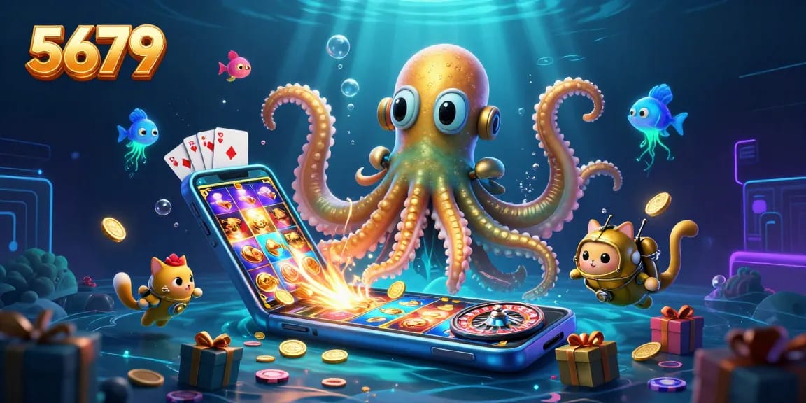Experience exciting slots with 5679, featuring a kraken, diving cat, and dynamic casino elements.