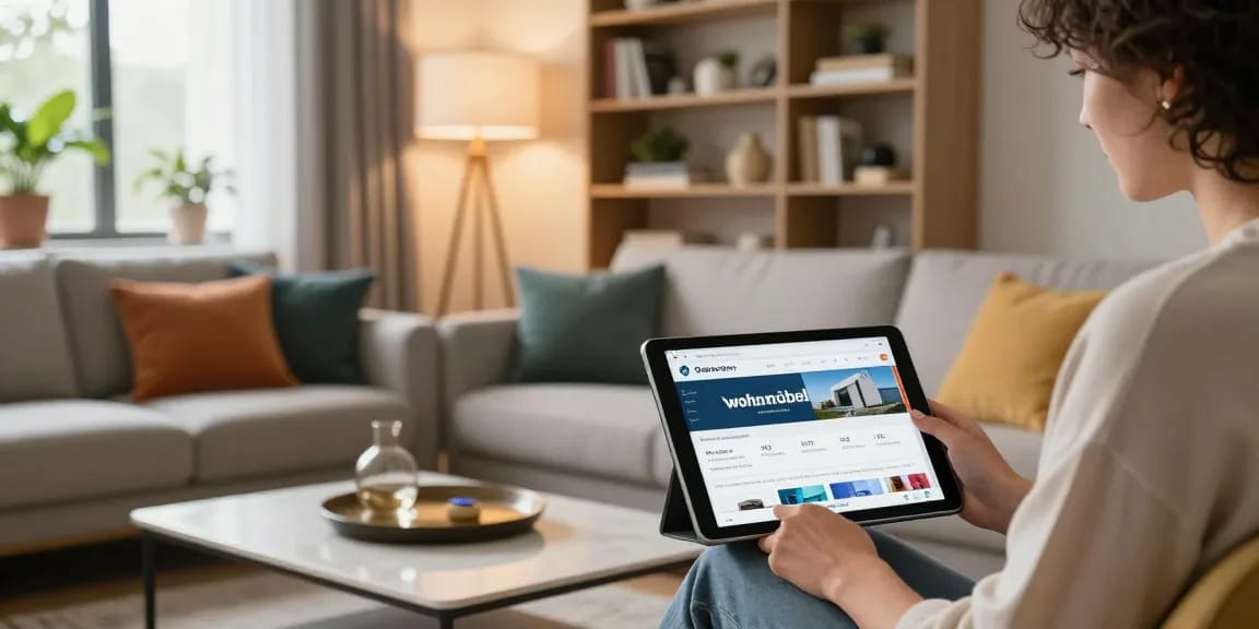 Fesselnde Szene einer Person, die wohnmöbel online kaufen in einem modernen Wohnzimmer mit stilvollen Möbeln und Dekor einkauft.