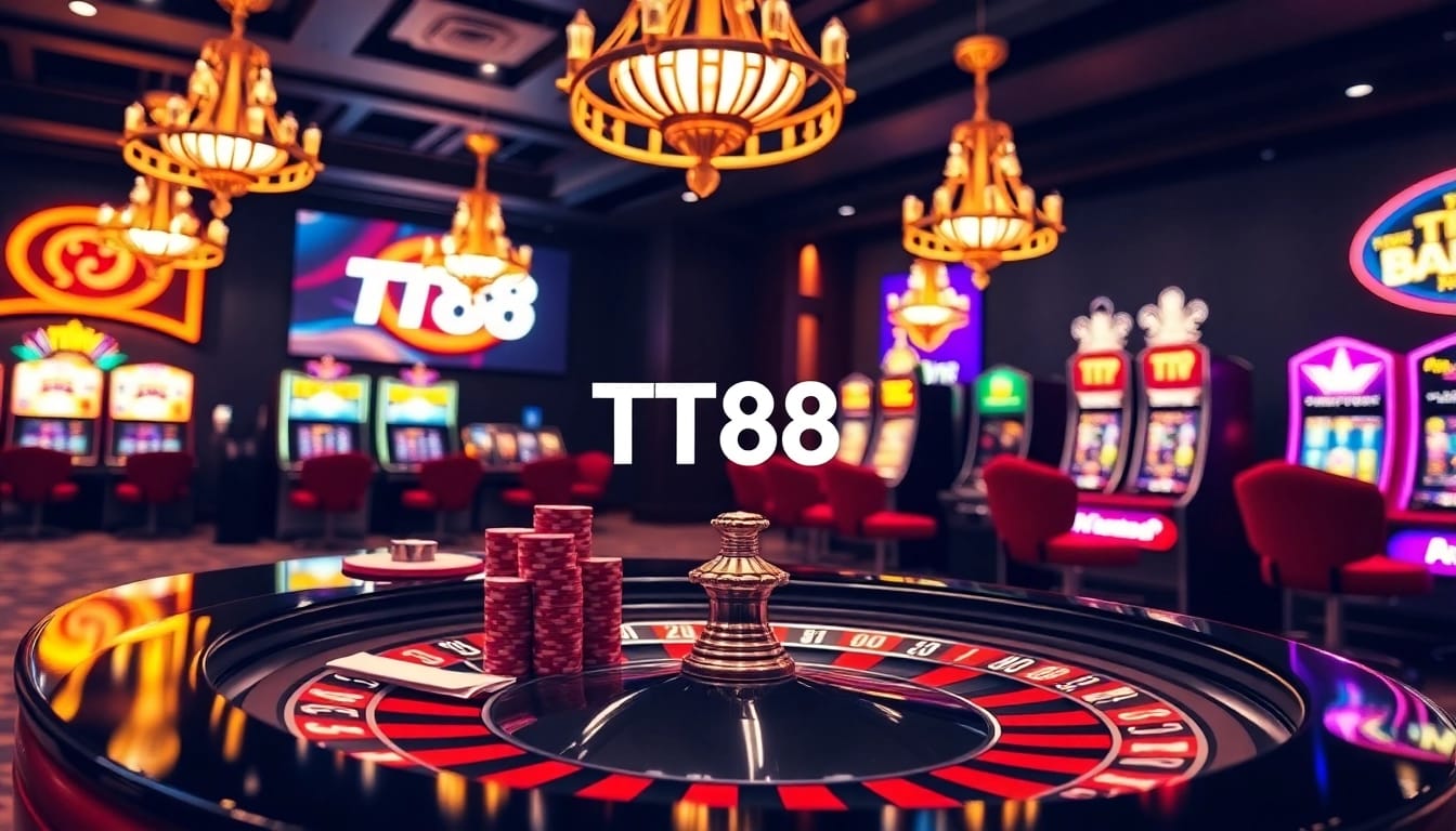 Engage with TT88's thrilling casino experience, showcasing roulette, poker chips, and vibrant slot machines.