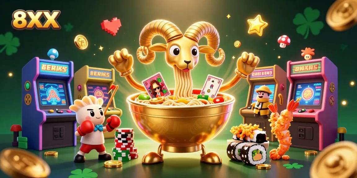 8XX casino illustration featuring giant ramen bowl characters dealing cards amidst colorful game elements.