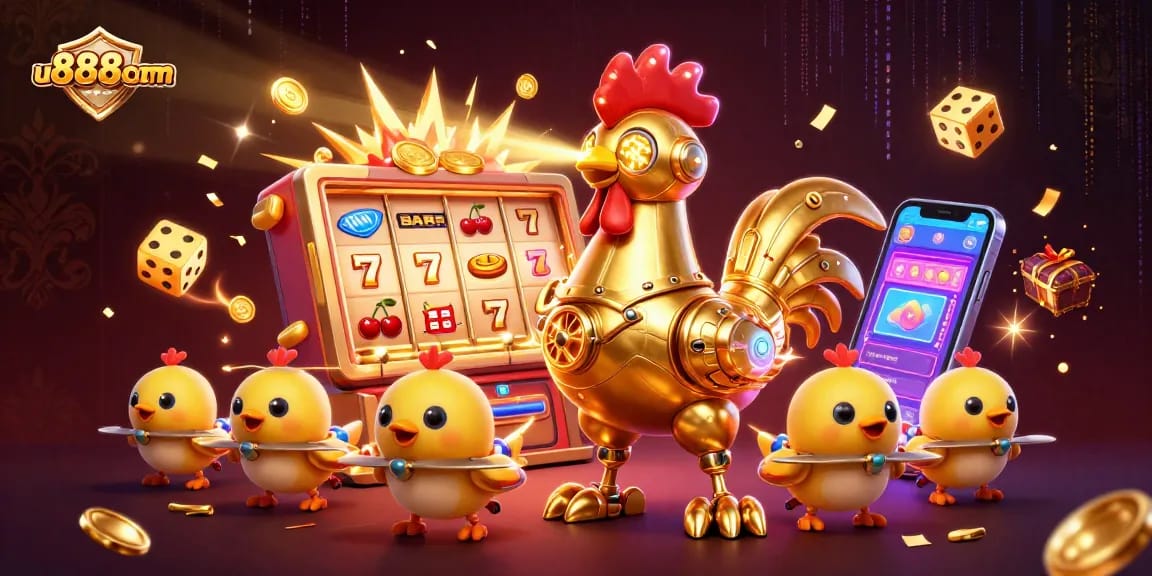 u888com showcases an explosive jackpot scene featuring a golden rooster robot and vibrant casino elements.