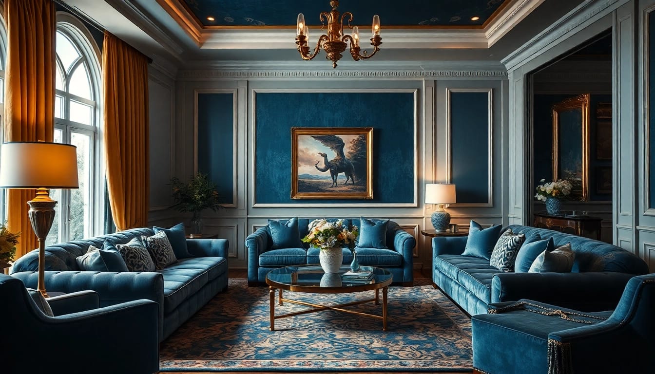 Luxury living room featuring elegant furniture, soft lighting, and rich textures creating an opulent atmosphere.
