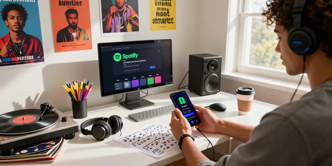 Engaging workspace with Spotify mod on Android, headphones, and music decor.