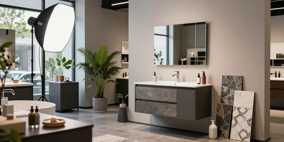 Badkamermeubel showroommodel weergegeven met moderne wastafel in een stijlvolle setting.