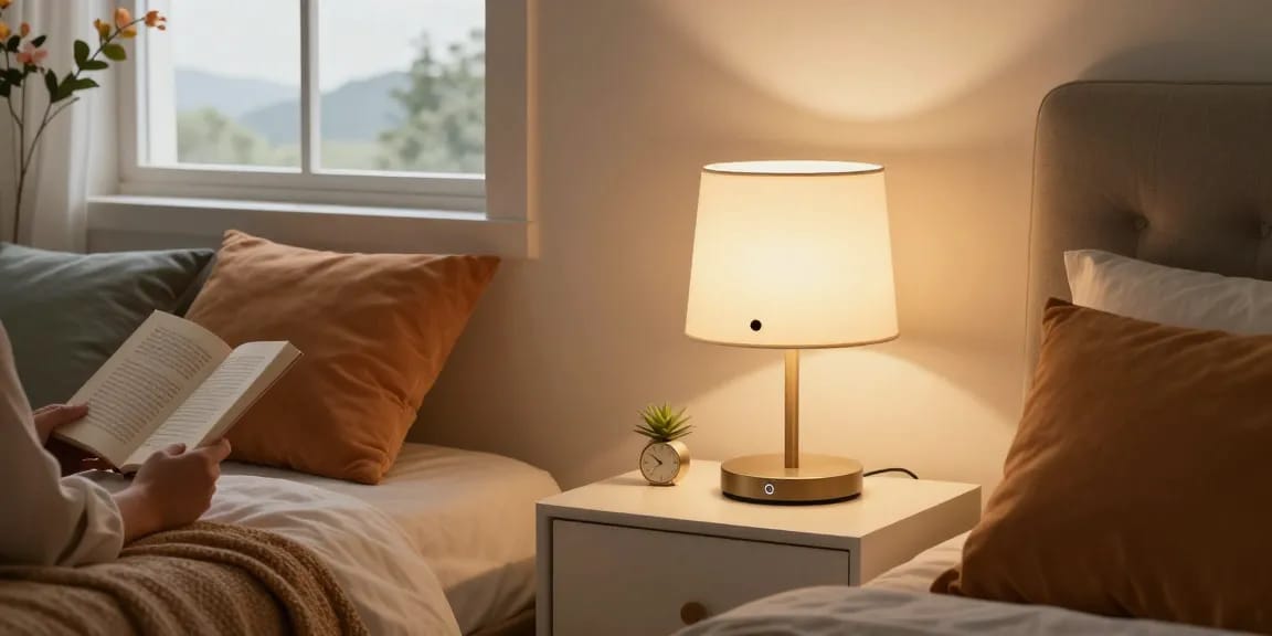 Stylische Schlafzimmer-Szene mit moderner Nachttischlampe, die ein gemütliches Schlafzimmer beleuchtet und Stilvolle Nachttischlampen für eine warme Atmosphäre bietet.