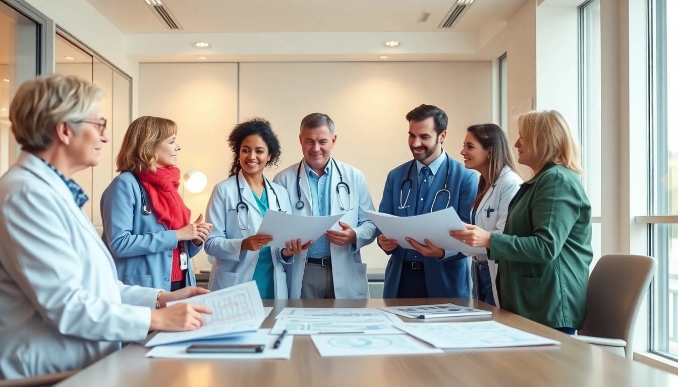 Healthcare professionals strategizing on how to pflegedienst gründen effectively with charts and documents.