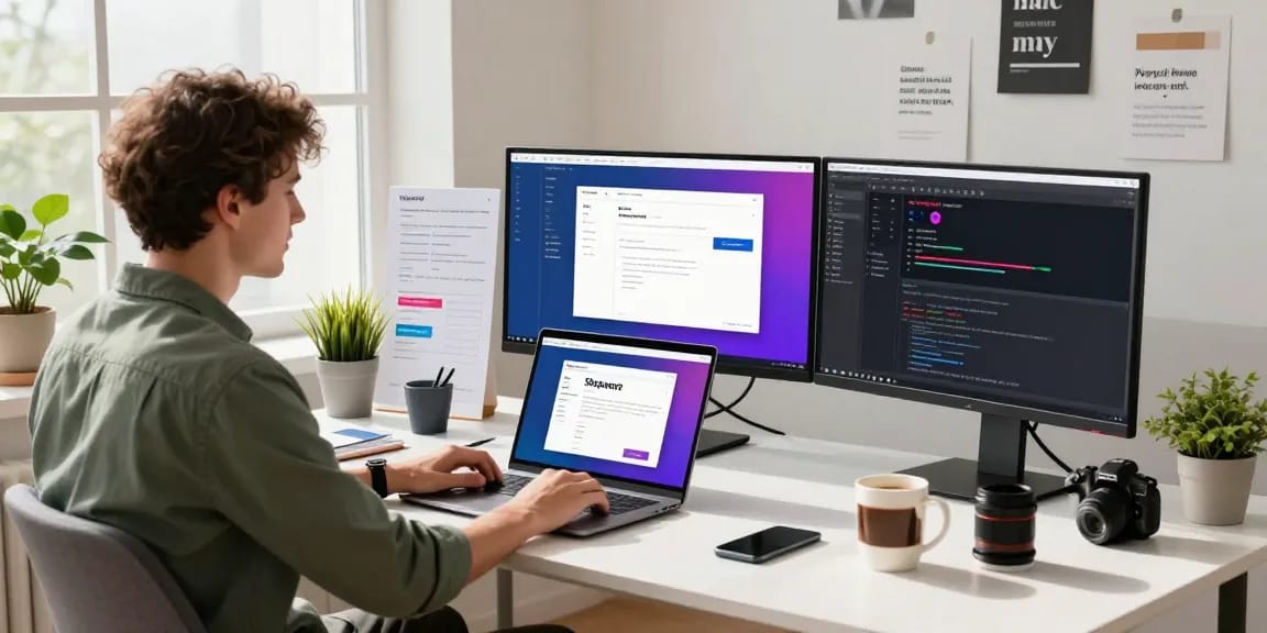 Shopware-Freelancer, der in einem E-Commerce-Entwicklungsbereich vertieft ist, zeigt Codierung und Shop-Design.