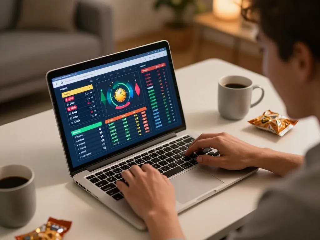 Engaged bettor exploring sports odds on laptop while enjoying responsible gambling activities at home, cm88.
