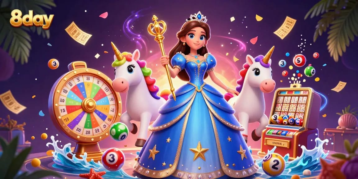 Players enjoy 8day's exciting games with vibrant lotto balls and prize wheel in action.