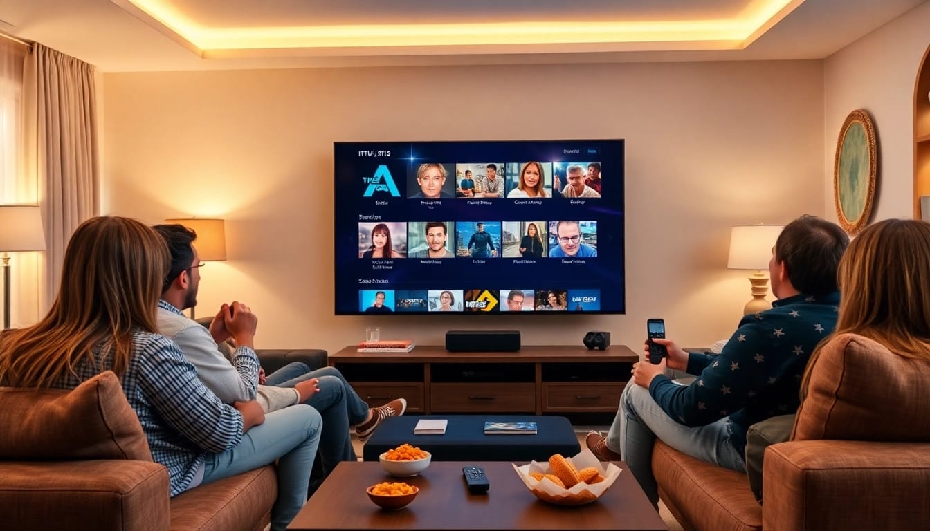IPTV Anbieter am großen Fernseher genießen Streaming mit Freunden und Familie.