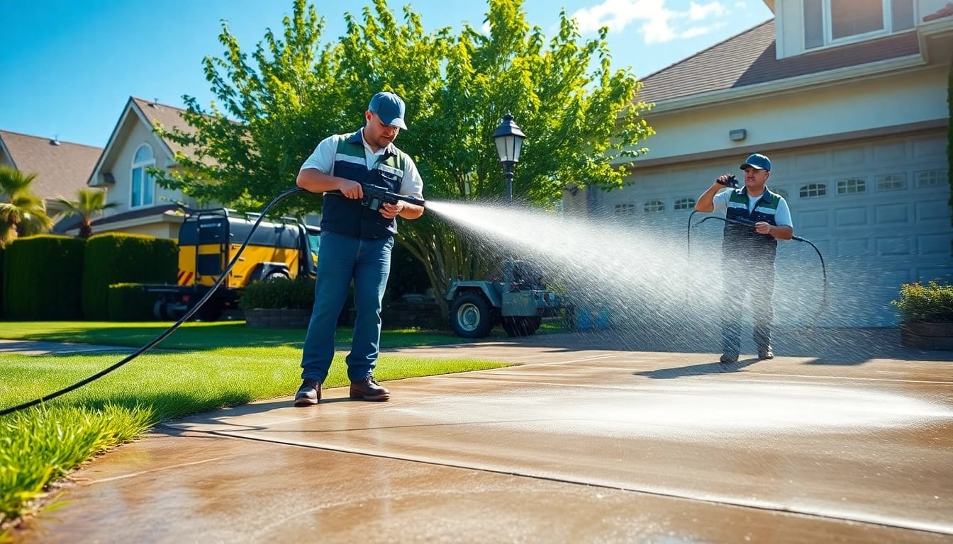 Driveway pressure wash in action, showcasing professionals cleaning a concrete surface.