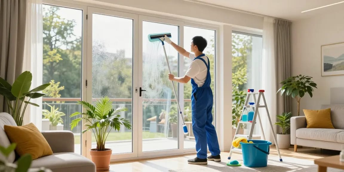 fensterreinigung solothurn professional cleaning of large windows in a sunny living room