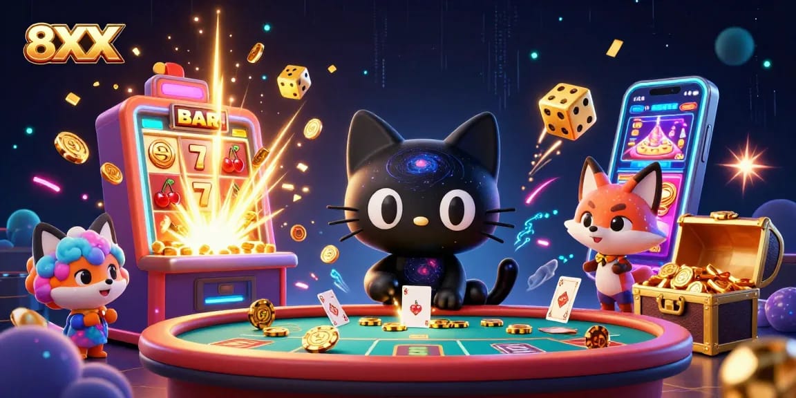 Experience the thrilling world of 8XX with a cosmic casino scene featuring vibrant characters and dynamic game elements.