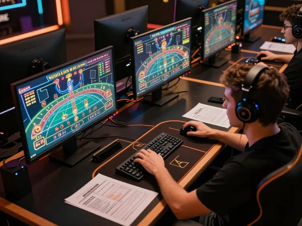 A player using multiple screens to strategize gameplay on 789club, showcasing professional online gaming setup.