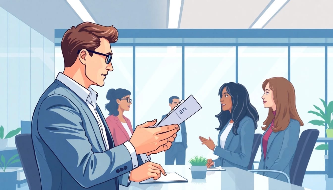 Headhunter consulting with a candidate in a professional office setting.