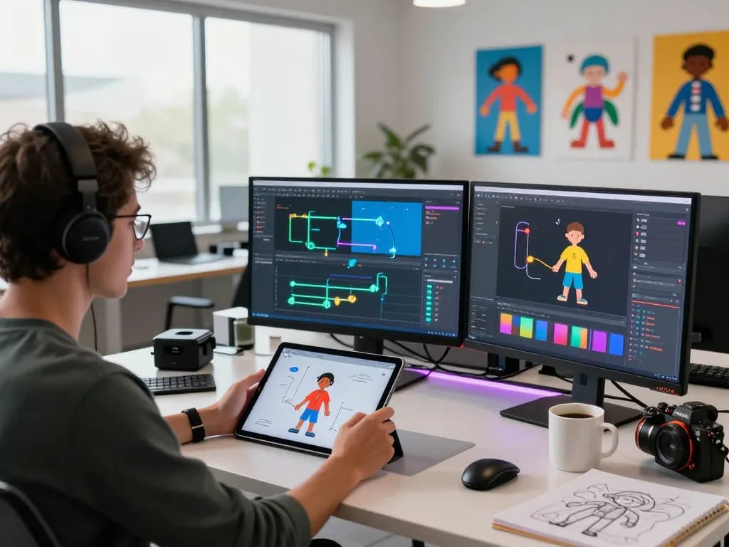 Free motion control workspace with artist animating characters, showcasing technology and creativity.