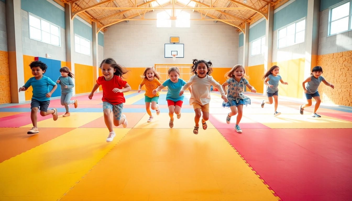 Bewegungsspiele fuer Kinder, um mehr hier mehr erfahren. Kinder spielen in einer Turnhalle mit viel Freude.