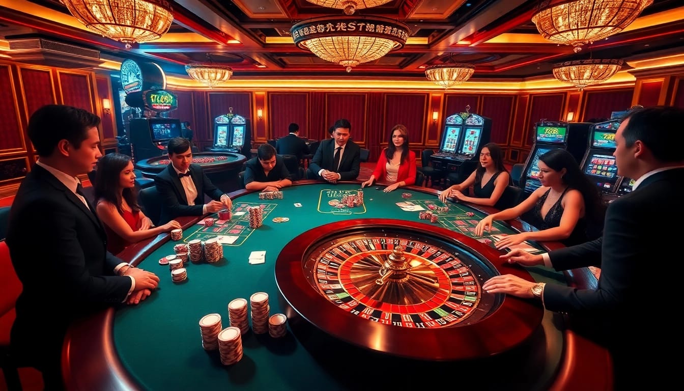Players enjoying thrilling games at 789P casino with vibrant atmosphere featuring roulette and poker tables.