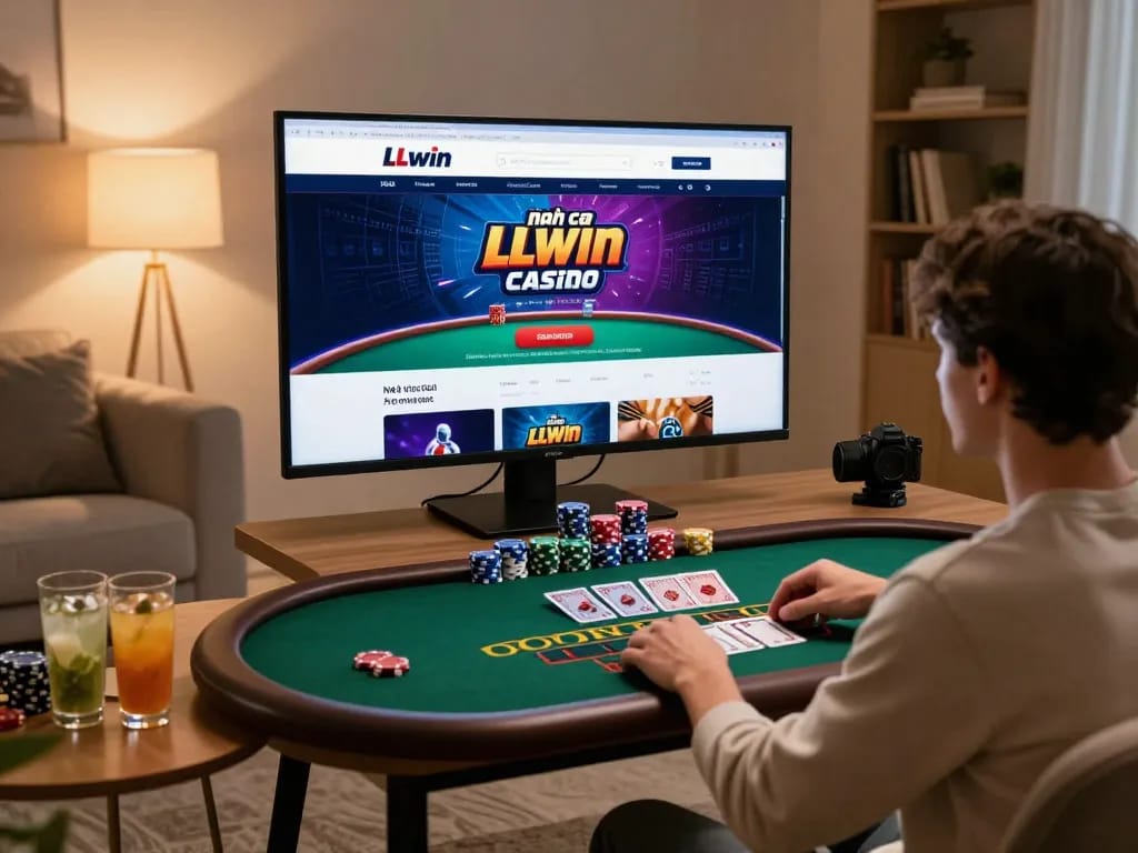 Engaging in live blackjack at nhà cái LLwin on a modern setup, showcasing strategic gameplay.