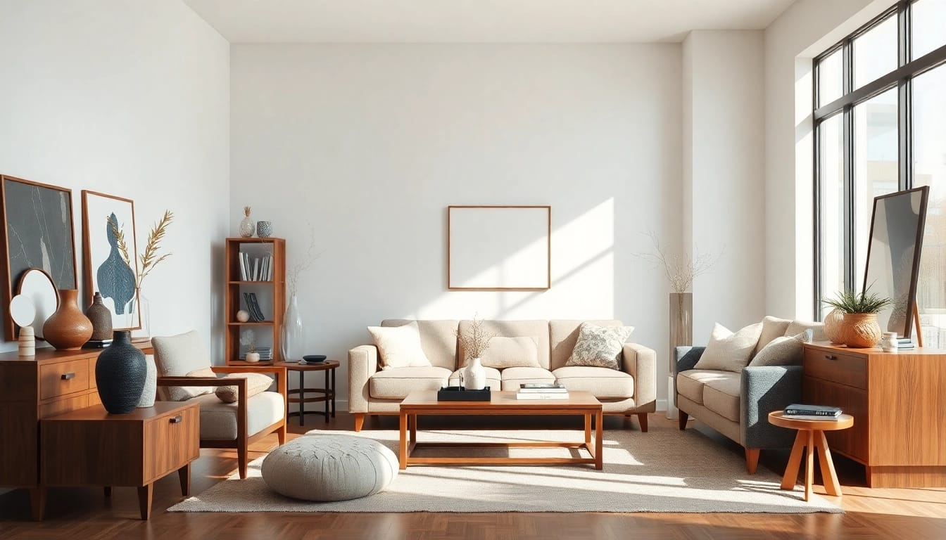 Möbel Zubehör Anbieter präsentiert stilvolle Accessoires in einem modernen Wohnzimmer.