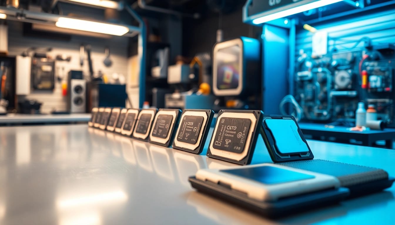 Prozessor Vergleich mit modernen Prozessoren auf einem eleganten Tisch in einem technologischen Umfeld