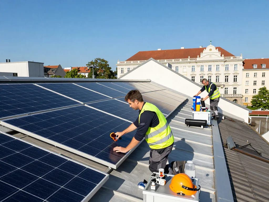 Solar Wien-Techniker installieren Photovoltaik-Panels auf einem Dach in Wien, was Teamarbeit und Engagement für erneuerbare Energien zeigt.