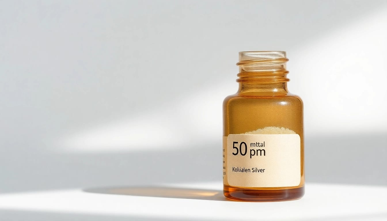 Kolloidales Silber 50 ppm in einer eleganten Braunglasflasche zeigt hohe Reinheit und Qualität